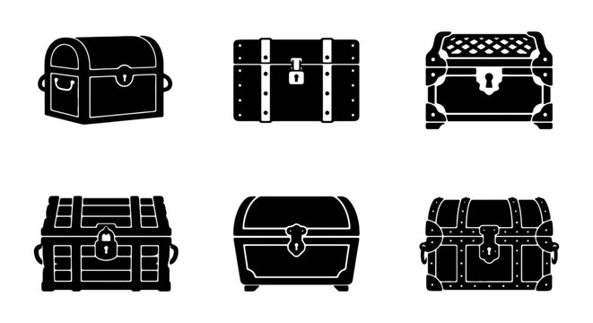 Treasure Chest Icons, Vintage Pirate Boxes, Antique Storage Chests, Vector Set