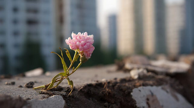 Delicate Pink Flower Bloom Grow Through Concrete Cracks in Urban Setting, Symbolize Resilience, Hope, and Perseverance in Adversity