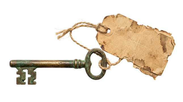 Antique brass skeleton key with blank vintage paper tag