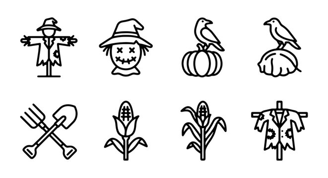 Autumn harvest line icons, 8 scarecrow and farming vector set, fall agriculture symbols