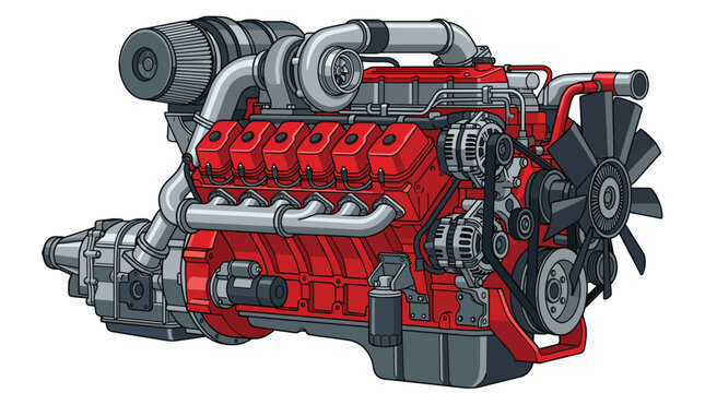 An angled vector representation of a heavy-duty engine features dual alternators and a prominent cooling fan assembly set against a stark white isolated background.