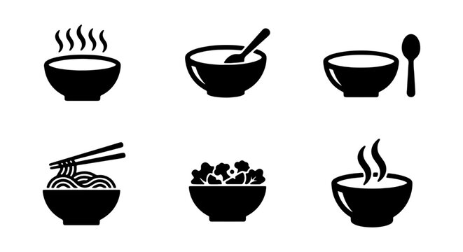 Asian noodle soup, bowl icons, food symbols, black vector set