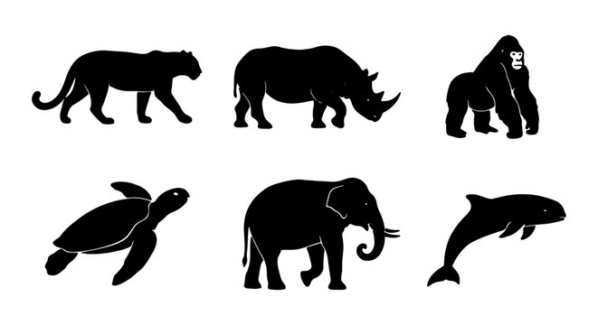 Black animal silhouettes, endangered species icons, wildlife symbols, conservation signs