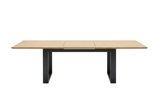 Modern extendable dining table with light wood top.