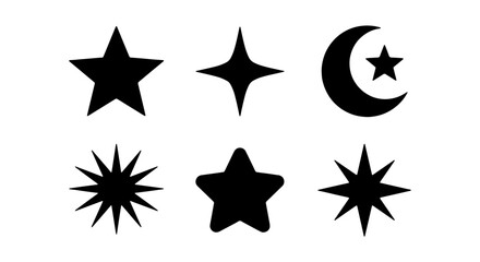 Fototapeta premium Black Star Icons Set, Celestial Symbols, Cosmic Shapes, Night Sky Elements, Vector Graphics