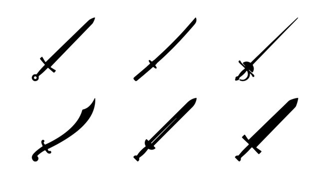 Diverse Sword Silhouettes Collection, Medieval Weapon Icons, Historical Blade Graphics, Warrior Combat Symbols