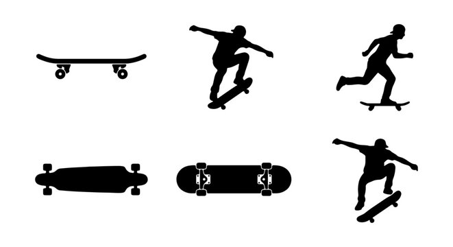 Skateboard Silhouettes, Action Poses, Longboard, Vector Icons for Extreme Sports and Urban Lifestyle