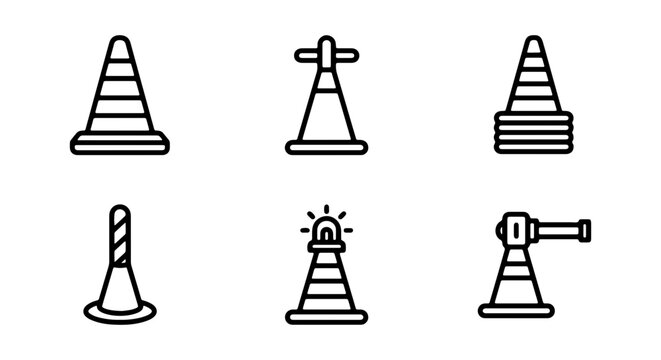 Traffic Cone Icons Set, Safety Warning Symbols, Construction Barriers, Roadwork Alert Vector Graphics