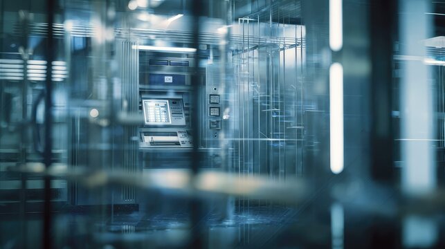 Automated teller machine facilitating financial transactions in a secure, futuristic environment, reflecting concepts of digital innovation and advanced technology in the banking sector