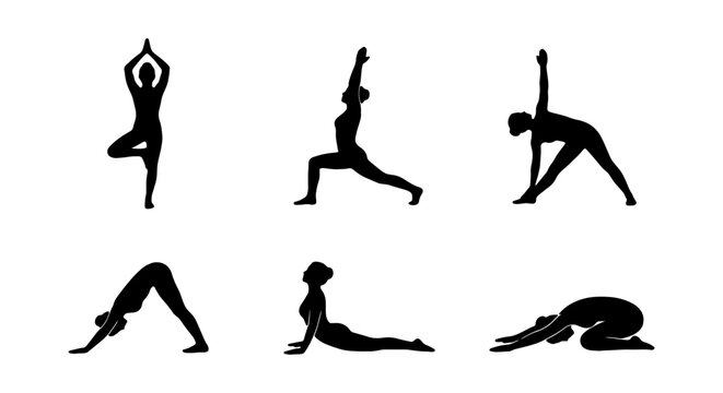 Yoga Poses Silhouettes, 6 Vector Icons Set, Wellness & Fitness Collection, Healthy Lifestyle & Meditation Graphics