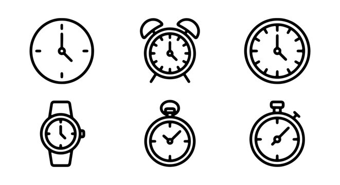 Vector Icons Set: Classic and Modern Timepieces, Alarm Clocks, Stopwatches, Wristwatches, Pocket Watches, Simple Line Art for Time Management and Scheduling