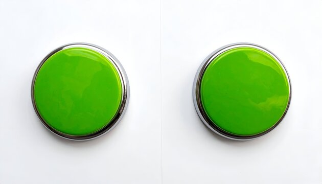 Two bright green push buttons with chrome rims on a white surface