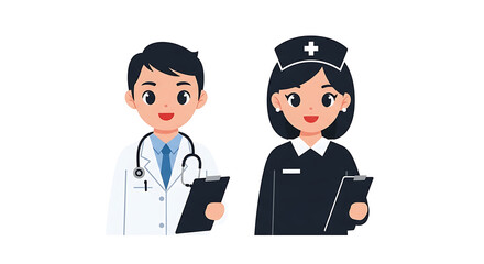 Fototapeta premium Two cartoon nurses in blue and black uniforms with stethoscopes and red crosses