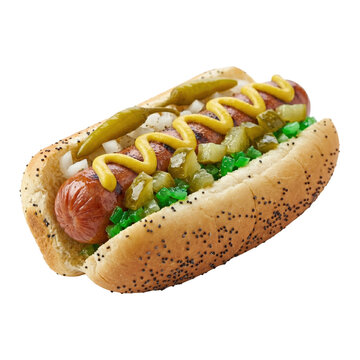 Classic Chicago style hot dog in a poppy seed bun