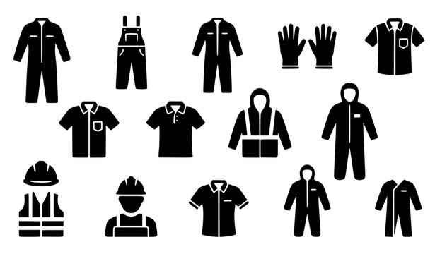 ​Industrial Workwear and Protective Clothing Icon Set Featuring Coveralls, Safety Vest, Hard Hat, Gloves, Overalls, and Worker Uniforms for Construction and Occupational Safety Designs