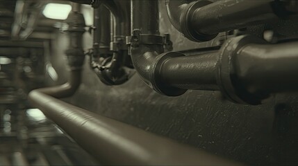 Fototapeta premium Industrial metal pipes, fittings, and infrastructure creating a complex system, highlighting manufacturing processes, utility, and urban engineering within a factory environment