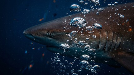 Fototapeta premium Reef Shark Silhouette Swimming in Deep Blue Ocean - Marine Predator Underwater Wildlife Stock Photo