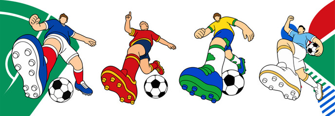 Fototapeta premium Soccer Players Kicking Ball Illustration Set