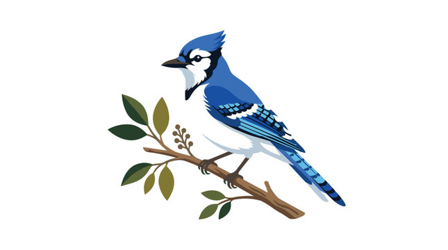 A blue jay bird perched on a brown branch decorated with small green leaves captured in profile against a completely solid white background surface.