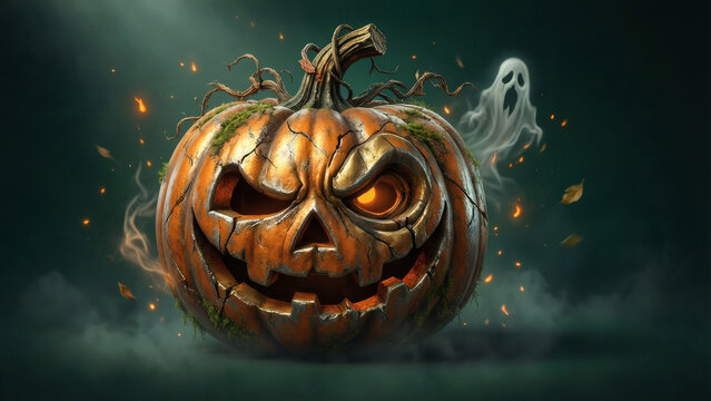 Citrouille d'Halloween effrayante avec un &oelig;il lumineux et un esprit fantomatique dans une atmosph&egrave;re sombre et brumeuse