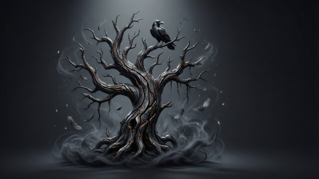 Un arbre sombre, noueux et sans feuilles avec un corbeau noir solitaire perch&eacute; sur une branche, entour&eacute; de brume tourbillonnante et de plumes flottantes dans un d&eacute;cor atmosph&eacute;rique et sombre