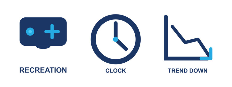Recreation clock trend down icons for gaming time and negative performance tracking.