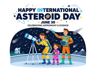Obraz premium Dynamic illustration depicting a family's joyful celebration of Asteroid Day, observing the cosmos with a telescope and fostering a love for space science and exploration