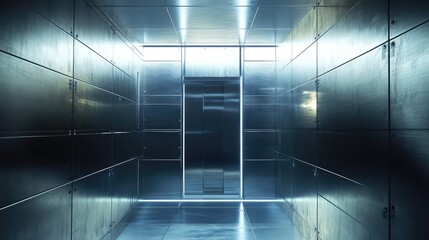 Fototapeta premium Futuristic interior space features a long, metallic corridor with sleek paneling, leading to a glowing vault door, creating a sense of advanced technology and security