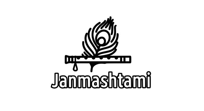 Janmashtami Logo: Peacock Feather, Flute, and Text - Hindu Festival Symbol