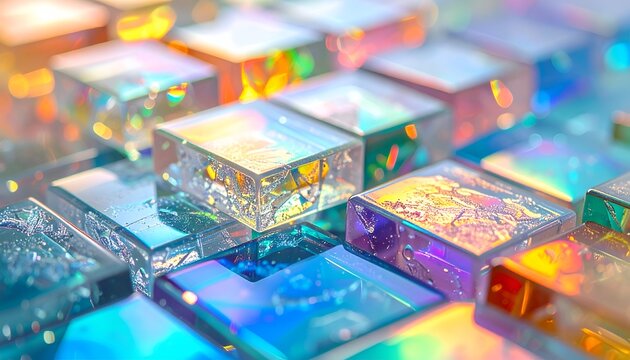 Shimmering mosaic of iridescent glass squares, fractured light, abstract