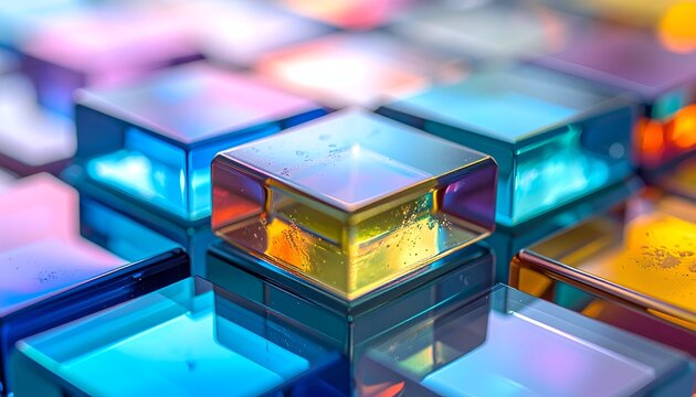 Iridescent stacked cubes. Colors shift and blend. Square, grid pattern