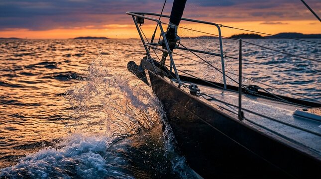 Sailboat Bow Wave Splitting Spray at Speed - Sailing Action Boat Speed Stock Photo
