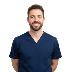 Fototapeta premium Caucasian male nurse with curly brown hair and beard in navy blue medical scrubs standing against a solid white background in a friendly healthcare atmosphere