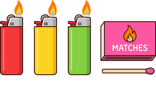 Comprehensive Fire Starter Icon Set Featuring Various Disposable Lighters, Refillable Metal Lighters, Safety Matchboxes, and Burning Matches for Camping, Smoking, and Emergency Preparedness Designs