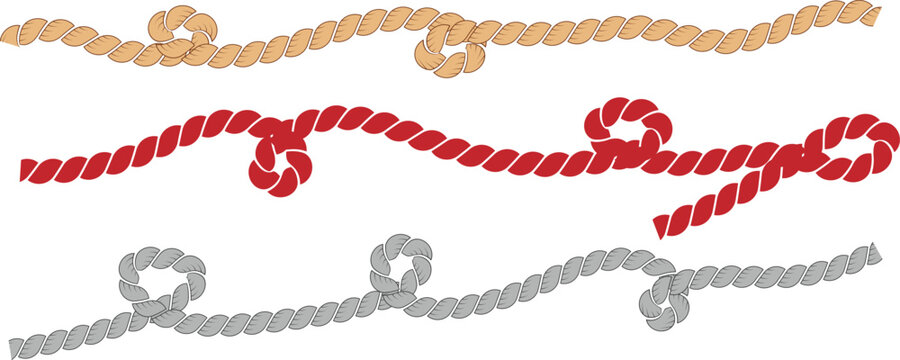 Wavy rope curve set. Repeating hemp cord stripes collection. Wavy loop tie braid bundle. Seamless black and white plait pattern. Vector marine twine design elements for banner, poster.