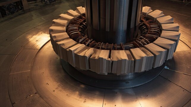 Power plant core featuring massive industrial components, including a large generator stator with electromagnetic coils, representing renewable energy production and advanced engineering technology