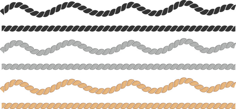 Wavy rope curve line set. Repeating hemp cord stripes collection. Wavy loop tie braid bundle. Seamless black and white plait pattern. Vector marine twine design elements for banner, poster, frame.