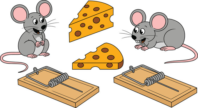 Mouse and cheese illustration showing mousetrap danger with playful cartoon design variations
