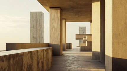 Naklejka premium Abstract brutalist building featuring geometric shapes and robust concrete surfaces under a clear sky, with strong shadows highlighting the imposing structure and modern design