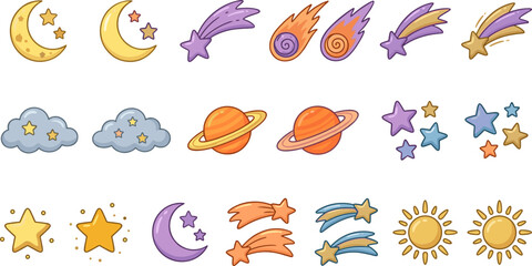 Colorful Outer Space Icon Set Featuring Cartoon Planets Stars Comets Moon and Sun for Children’s Educational Materials Science Projects Nursery Decor and Astronomy Themed Designs © MdMohsin