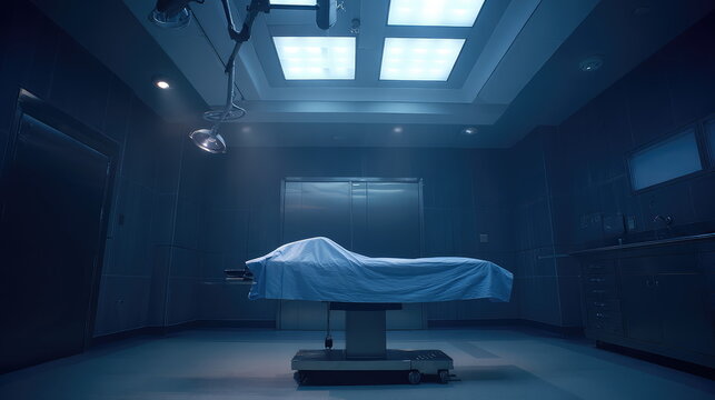 Deceased persons body lying on a gurney covered with a sheet, positioned in a sterile and cold medical facility, conveying themes of loss, death, and medical examination