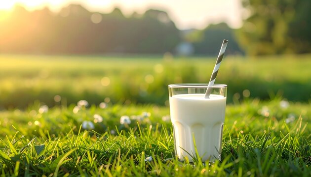 Vaso de yogur natural sobre c&eacute;sped verde con cuchara y luz c&aacute;lida en ambiente campestre