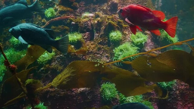 A vibrant red orange rockfish swims near a pale starfish and other marine life in a rocky underwater environment. The scene captures the beauty of a Pacific Northwest marine habitat, filmed at the Van