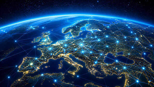 Digital network connection lines across the globe covering european countries honoring world telecommunication day with glowing communication nodes representing fast internet bandwidth 