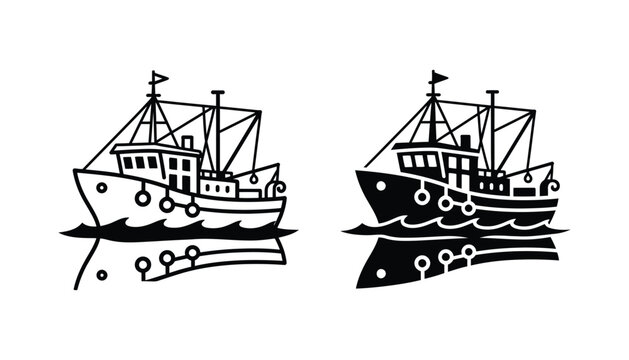 Fishing trawler boat on waves icon in outline and solid black style for maritime industry and seafood restaurant branding elements