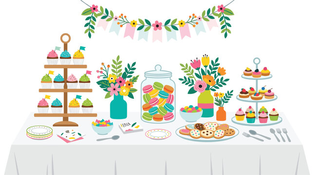 A festive dessert table displays tiered cupcake trays and colorful macaron jars alongside fresh flower vases under a decorative floral paper banner on a white tablecloth.