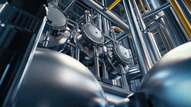 Complex network of intertwined steel pipes, valves and gauges in a modern processing plant, showcasing precision engineering, industrial machinery and robust automated infrastructure