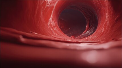 Fototapeta premium Interior view of a red organic blood vessel, focusing on the intricate biological tissue and a microscopic cell, representing concepts of human anatomy, medicine, and health