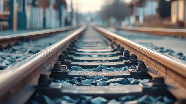 Low angle perspective of railway tracks extending forward through a quiet town at sunrise, evoking a sense of travel, direction, and the beginning of a new journey