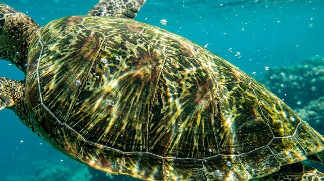 Green Sea Turtle Carapace Scute Geometric Pattern Close-Up - Marine Life Underwater Stock Photo
